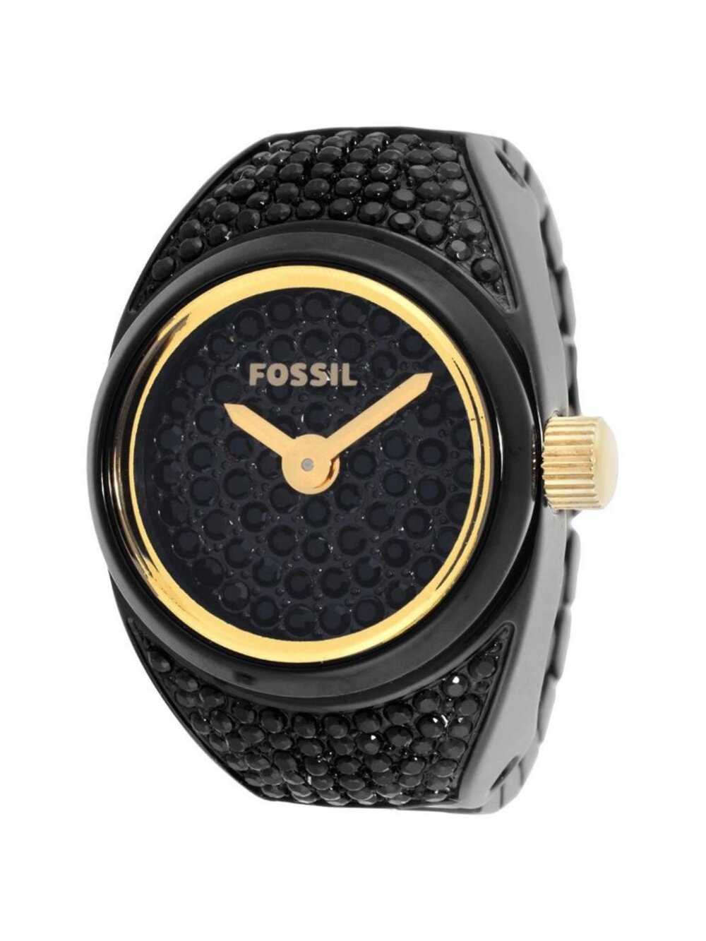 NWT Fossil Watch Ring Two-Hand Pave Black Stainless Steel Watch